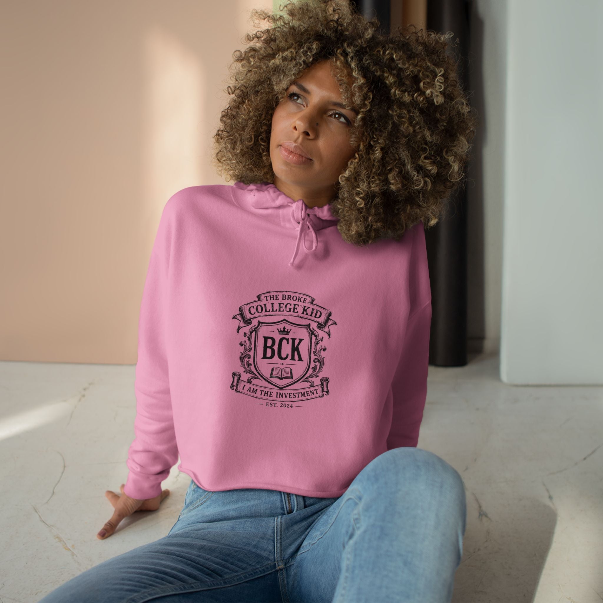 Broke College Kid Crest Crop Hoodie — BCK Vintage Logo
