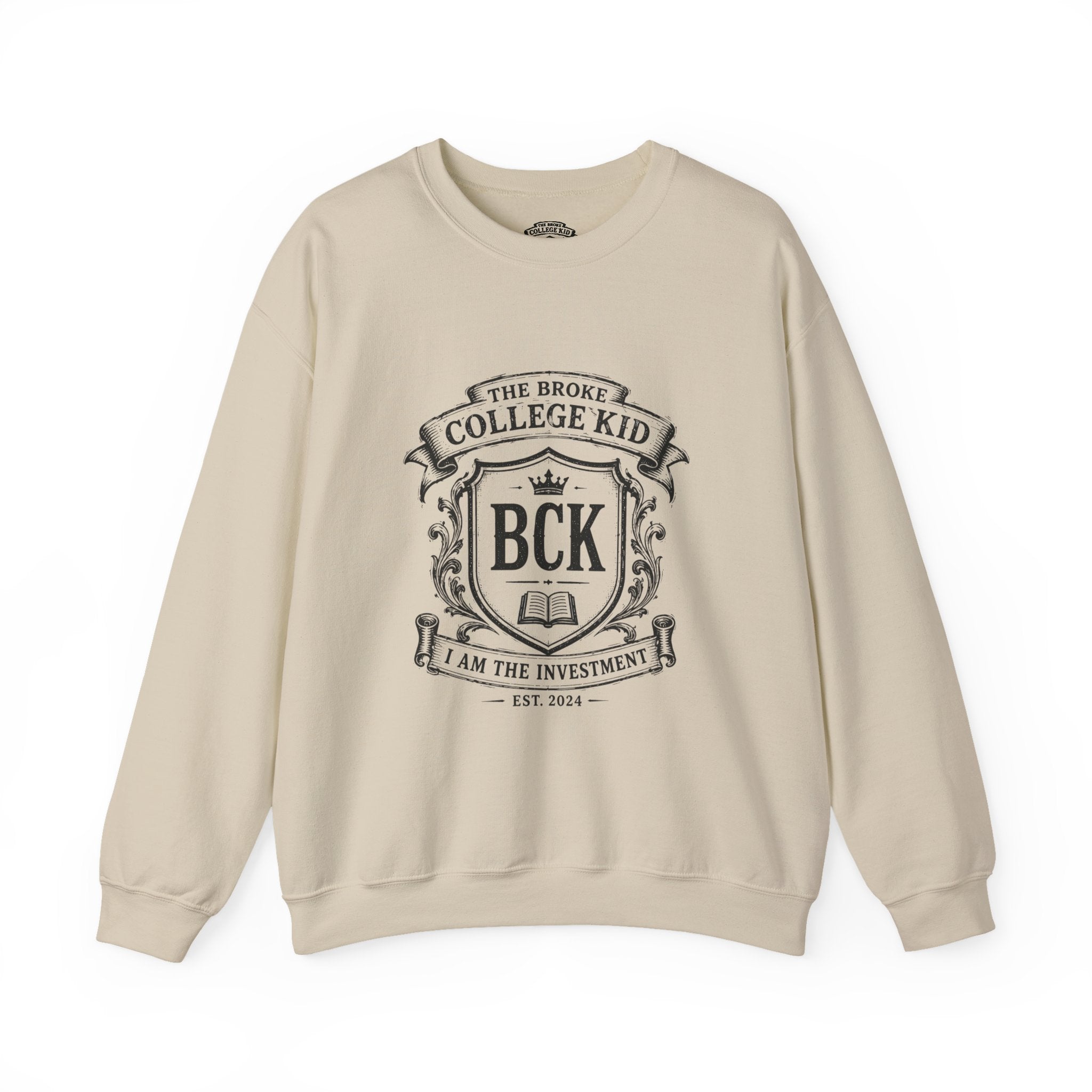 The Broke College Kid Crewneck Sweatshirt — BCK Crest College Hoodie Style
