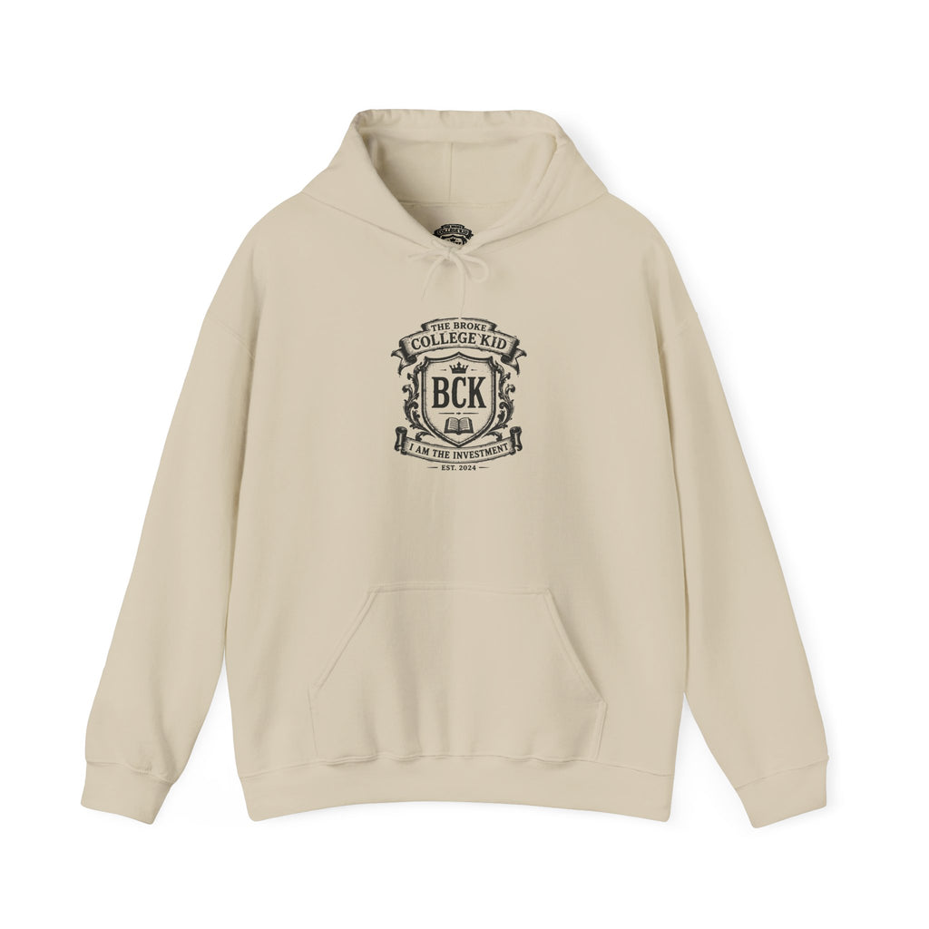 The Broke College Kid Crest — BCK Vintage Collegiate Emblem Hoodie