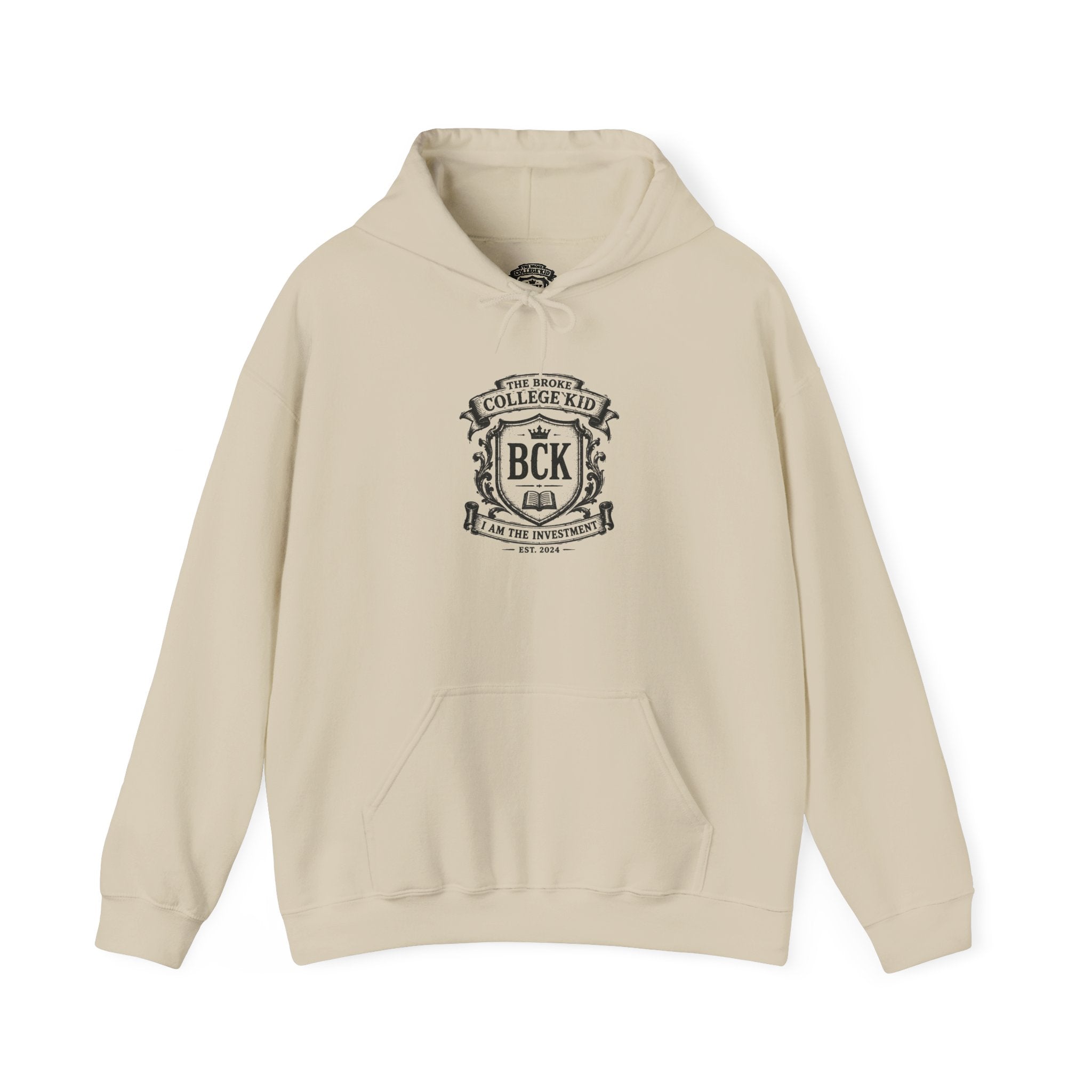 The Broke College Kid Crest — BCK Vintage Collegiate Emblem Hoodie