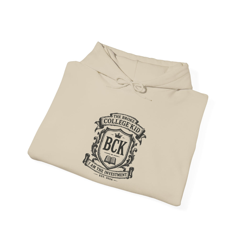 The Broke College Kid Crest — BCK Vintage Collegiate Emblem Hoodie