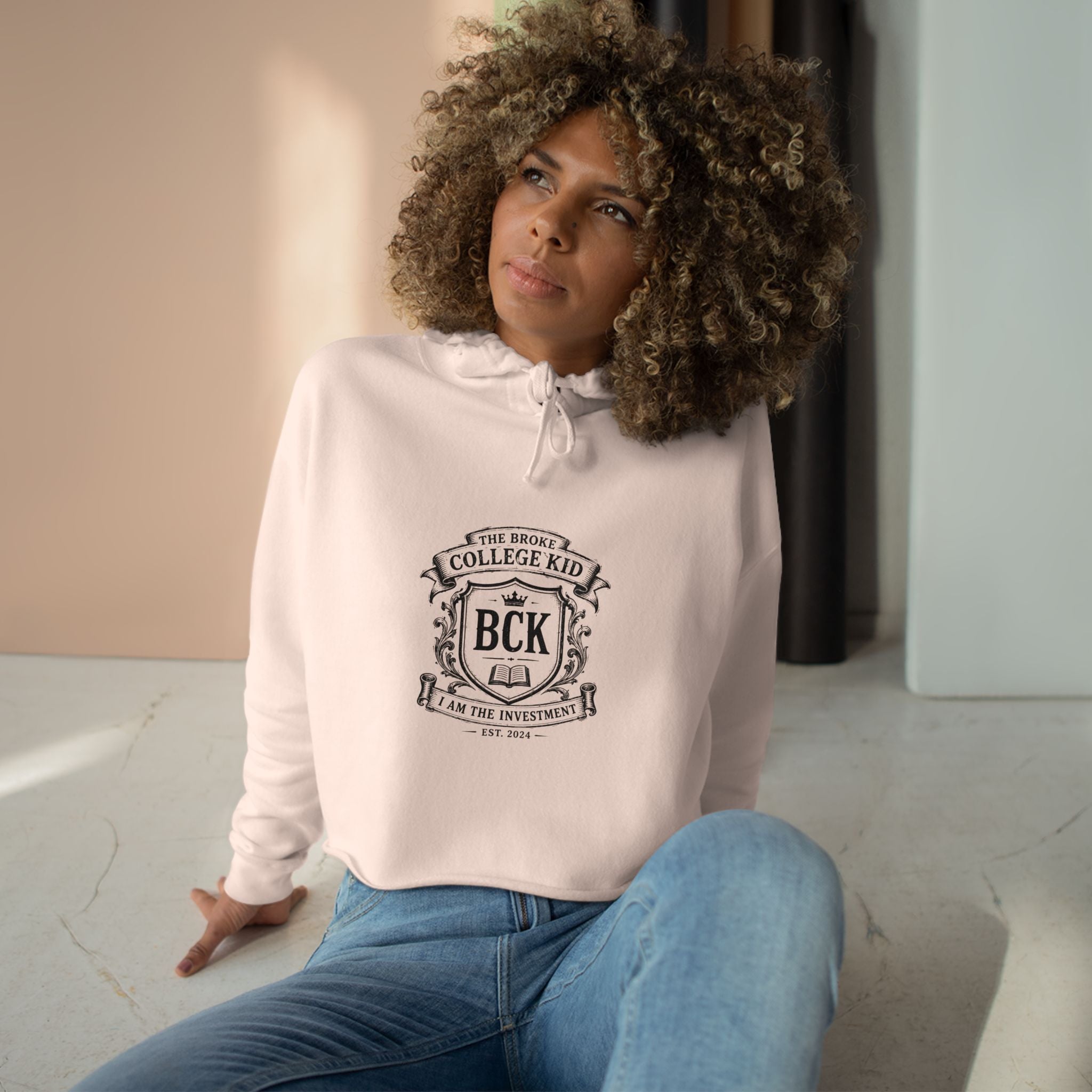 Broke College Kid Crest Crop Hoodie — BCK Vintage Logo